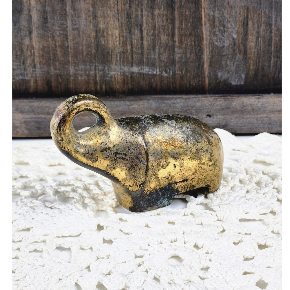 Vintage Brass Elephant Figurine Lucky Trunk Up Aged Patina 3 Inch Antique